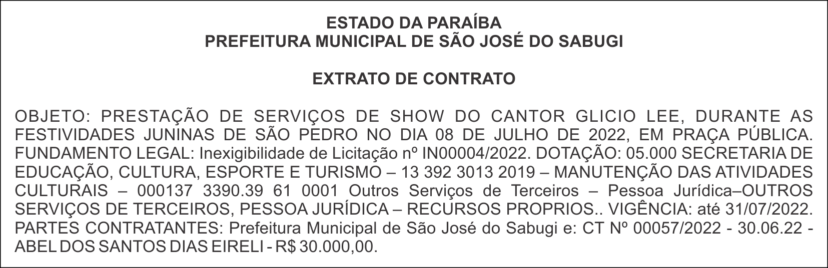 PREFEITURA MUNICIPAL DE SÃO JOSÉ DO SABUGI – EXTRATO DE CONTRATO