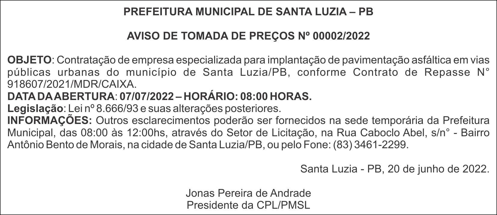 PREFEITURA MUNICIPAL DE SANTA LUZIA – PB – AVISO DE TOMADA DE PREÇOS Nº 00002/2022