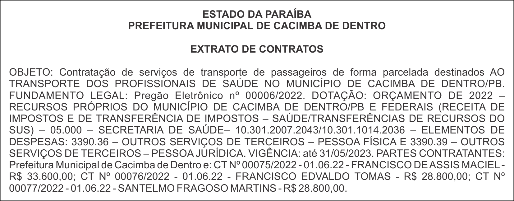 PREFEITURA MUNICIPAL DE CACIMBA DE DENTRO – EXTRATO DE CONTRATOS