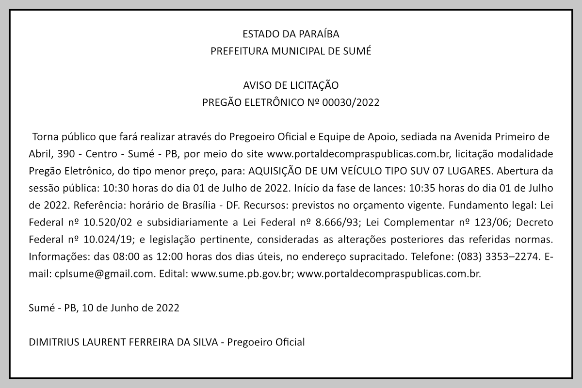 PREFEITURA MUNICIPAL DE SUMÉ – AVISO DE LICITAÇÃO – PREGÃO ELETRÔNICO Nº 00030/2022
