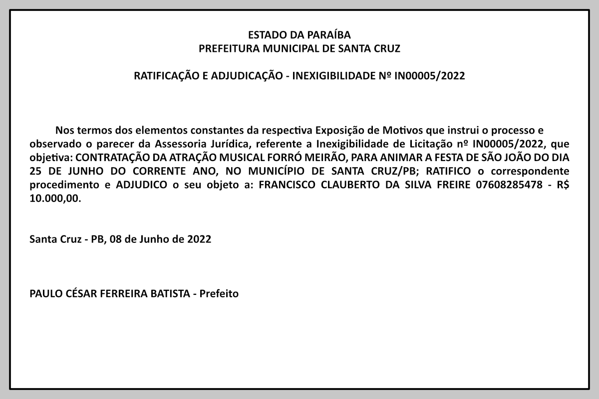 PREFEITURA MUNICIPAL DE SANTA CRUZ  –  RATIFICAÇÃO E ADJUDICAÇÃO – INEXIGIBILIDADE Nº IN00005/2022