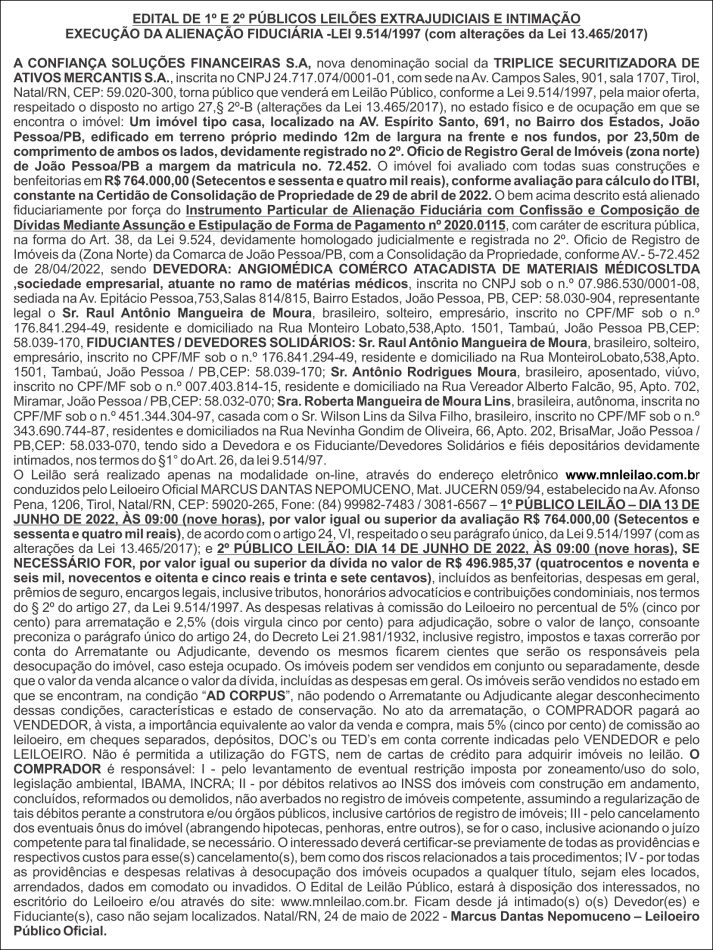 EDITAL DE 1º E 2º PÚBLICOS LEILÕES EXTRAJUDICIAIS E INTIMAÇÃO EXECUÇÃO DA ALIENAÇÃO FIDUCIÁRIA -LEI 9.514/1997 (com alterações da Lei 13.465/2017)