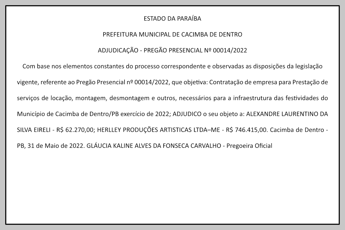 PREFEITURA MUNICIPAL DE CACIMBA DE DENTRO – ADJUDICAÇÃO – PREGÃO PRESENCIAL Nº 00014/2022