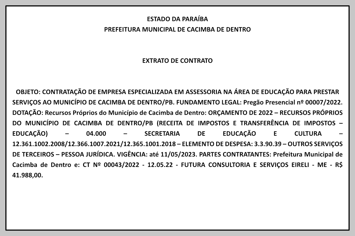 PREFEITURA MUNICIPAL DE CACIMBA DE DENTRO – EXTRATO DE CONTRATO
