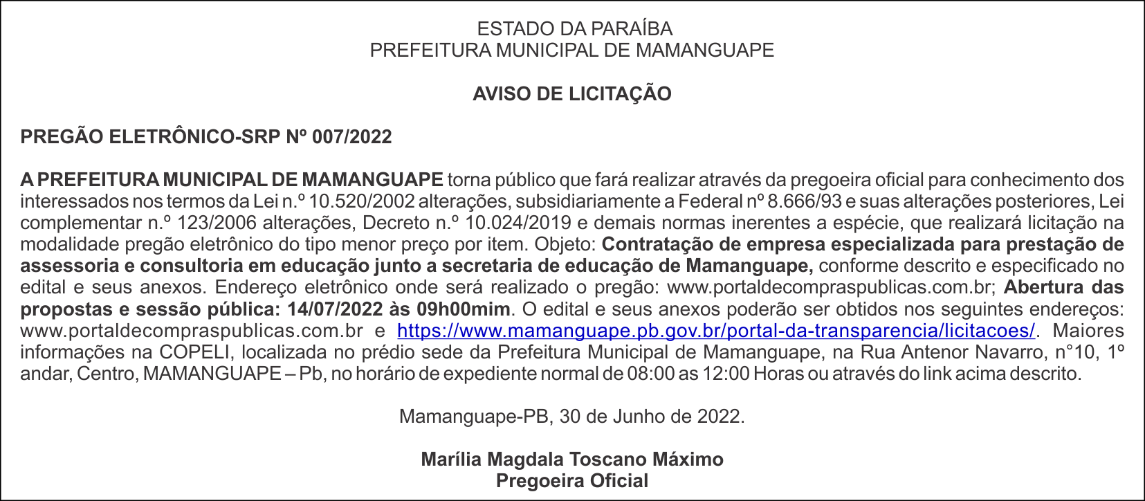 PREFEITURA MUNICIPAL DE MAMANGUAPE – AVISO DE LICITAÇÃO – PREGÃO ELETRÔNICO-SRP Nº 007/2022