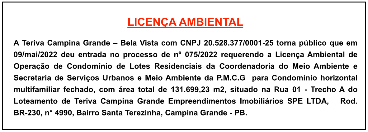 Teriva Campina Grande – Bela Vista – Licença Ambiental