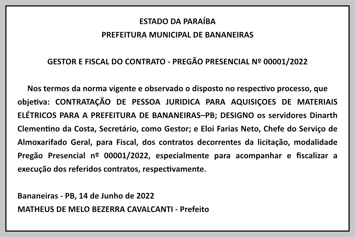 PREFEITURA MUNICIPAL DE BANANEIRAS – GESTOR E FISCAL DO CONTRATO – PREGÃO PRESENCIAL Nº 00001/2022