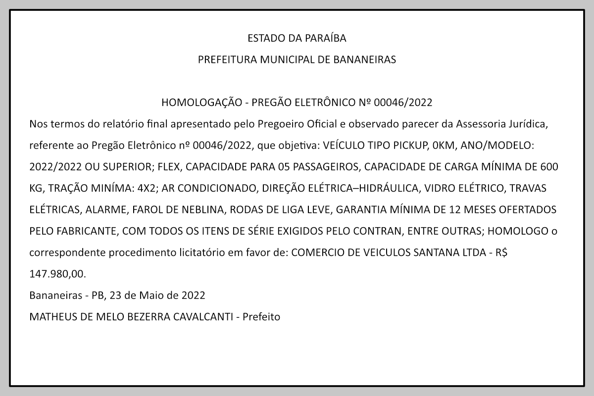 PREFEITURA MUNICIPAL DE BANANEIRAS – HOMOLOGAÇÃO – PREGÃO ELETRÔNICO No 00046/2022