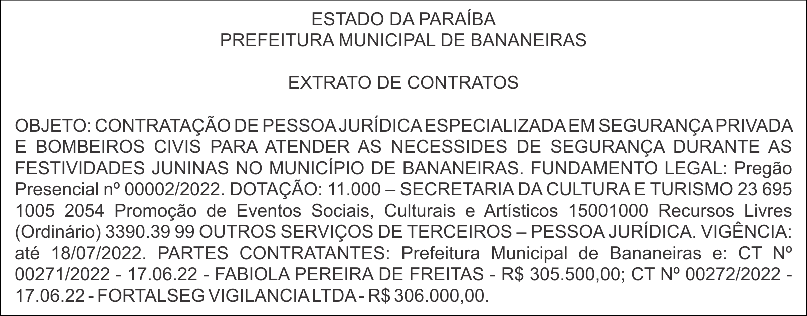 PREFEITURA MUNICIPAL DE BANANEIRAS – EXTRATO DE CONTRATOS