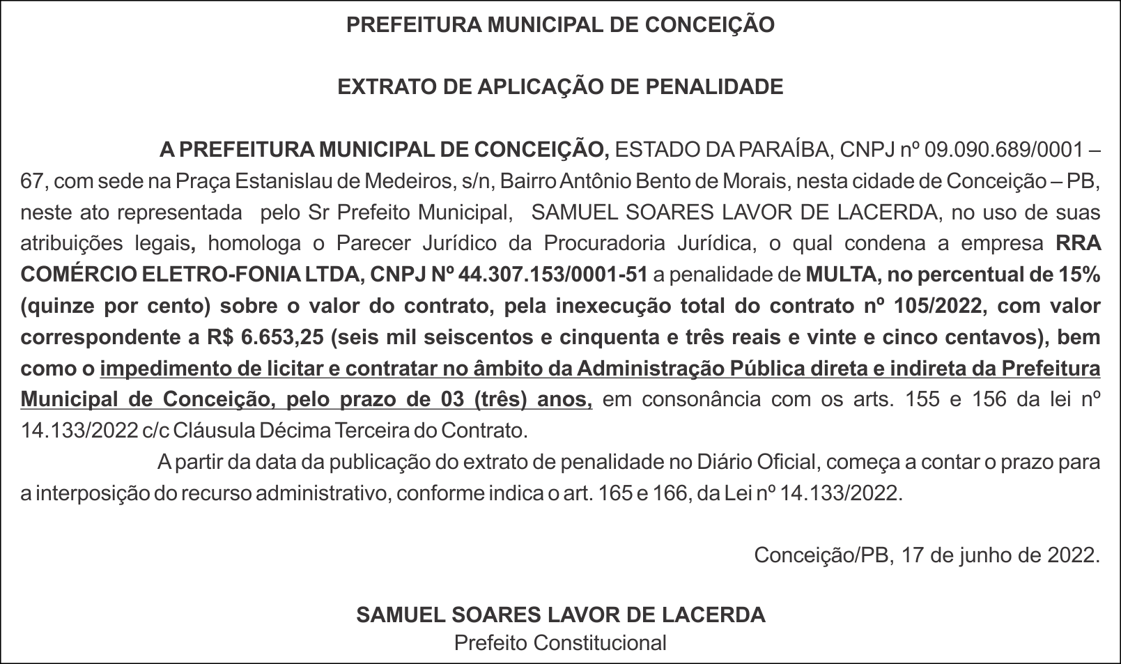 PREFEITURA MUNICIPAL DE CONCEIÇÃO – EXTRATO DE APLICAÇÃO DE PENALIDADE