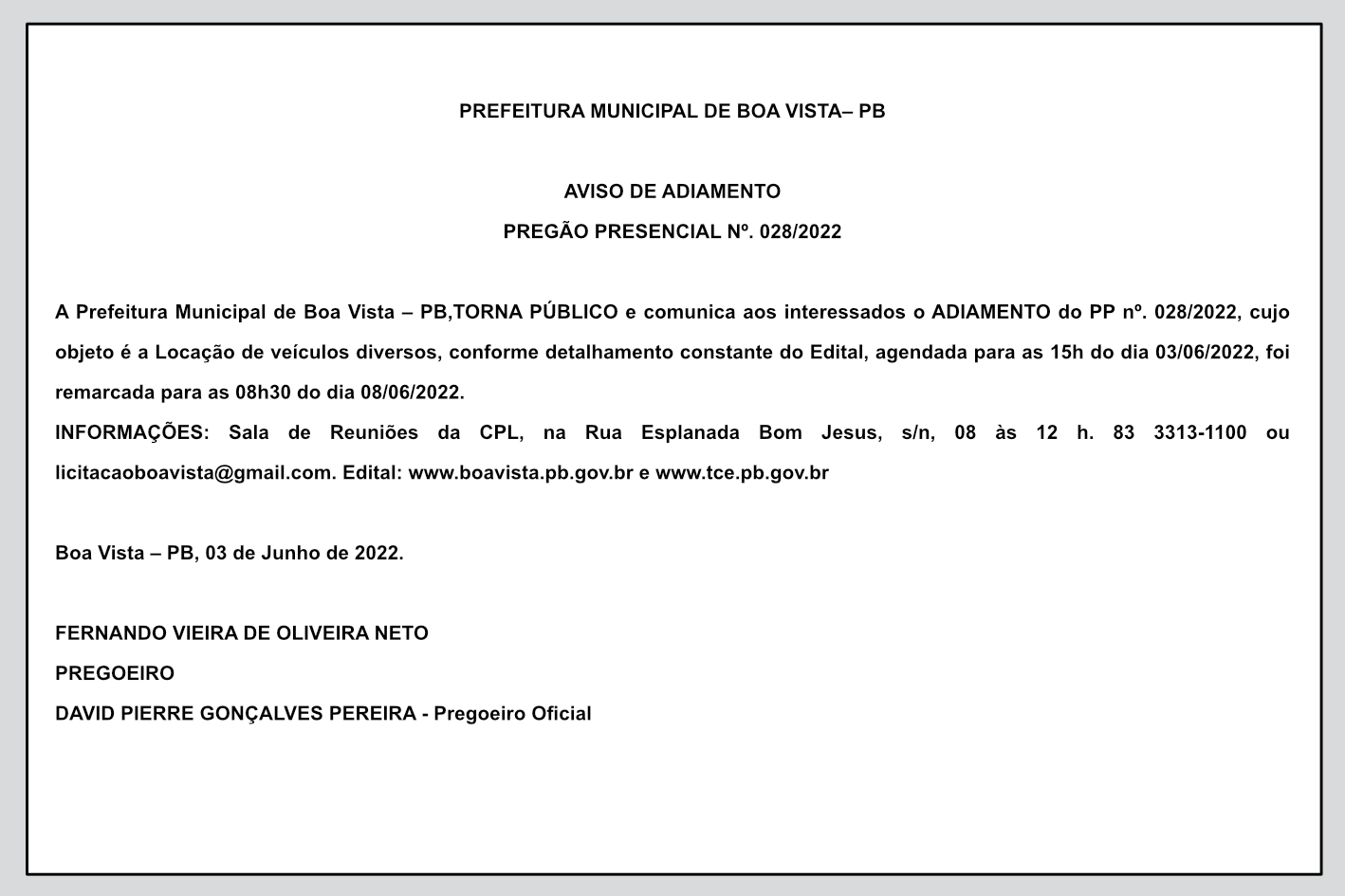 PREFEITURA MUNICIPAL DE BOA VISTA– PB  – AVISO DE ADIAMENTO – PREGÃO PRESENCIAL Nº. 028/2022