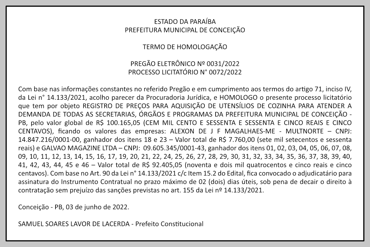 PREFEITURA MUNICIPAL DE CONCEIÇÃO – TERMO DE HOMOLOGAÇÃO – PREGÃO ELETRÔNICO Nº 0031/2022 – PROCESSO LICITATÓRIO N° 0072/2022