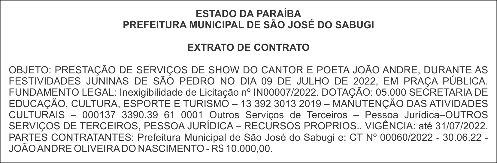 PREFEITURA MUNICIPAL DE SÃO JOSÉ DO SABUGI – EXTRATO DE CONTRATO