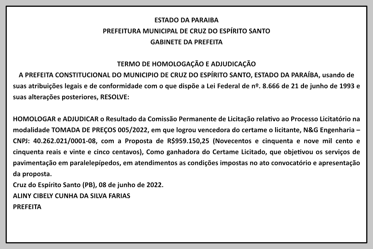 PREFEITURA MUNICIPAL DE CRUZ DO ESPÍRITO SANTO  – TERMO DE HOMOLOGAÇÃO E ADJUDICAÇÃO