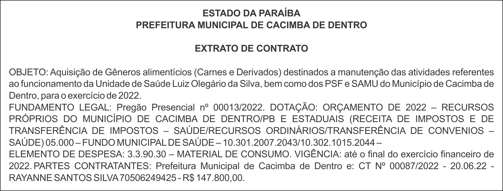 PREFEITURA MUNICIPAL DE CACIMBA DE DENTRO – EXTRATO DE CONTRATO