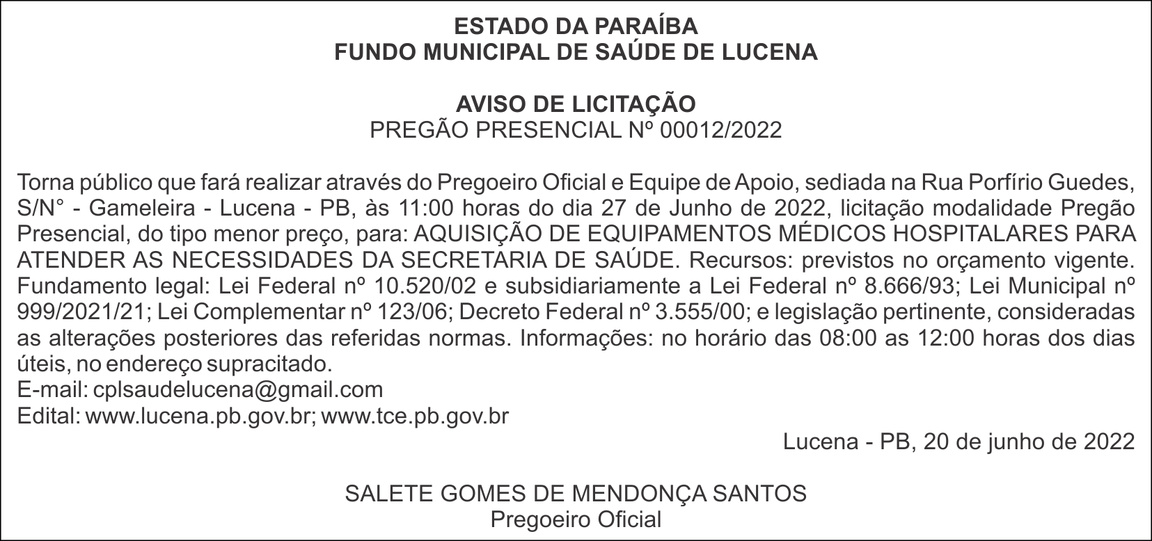 FUNDO MUNICIPAL DE SAÚDE DE LUCENA – AVISO DE LICITAÇÃO – PREGÃO PRESENCIAL Nº 00012/2022