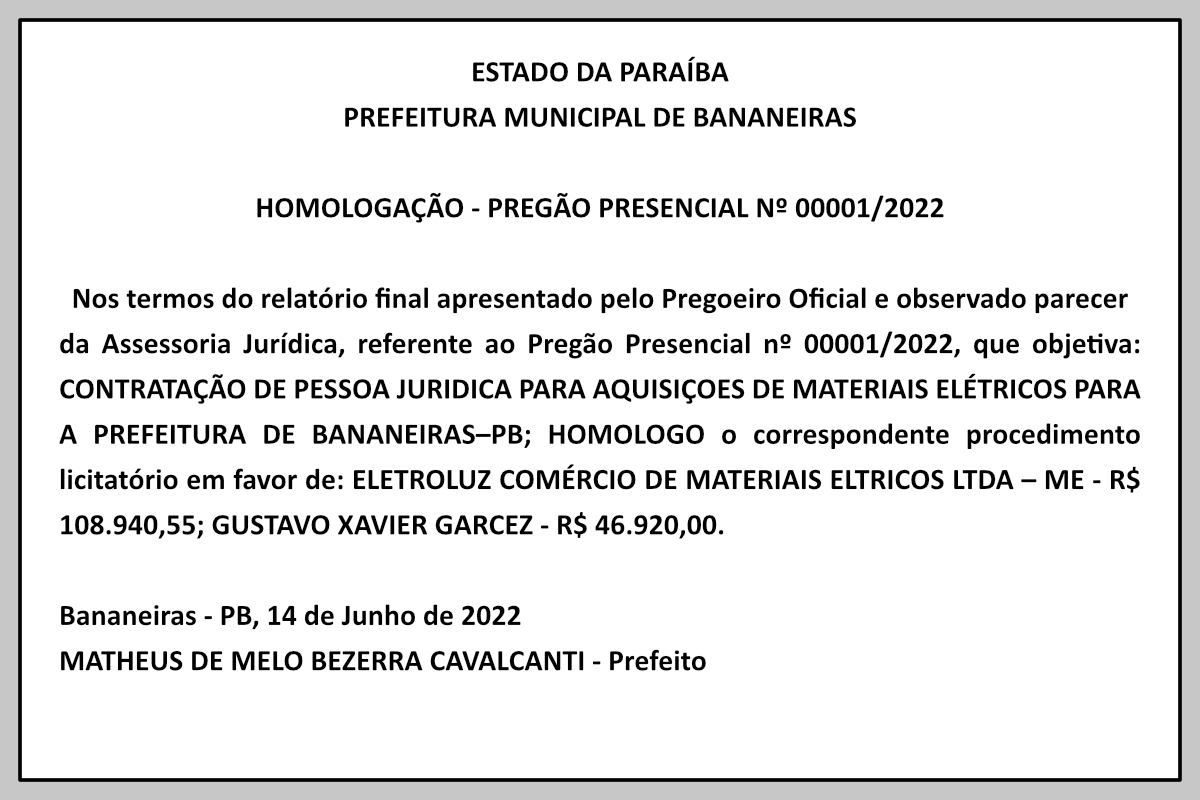 PREFEITURA MUNICIPAL DE BANANEIRAS – HOMOLOGAÇÃO – PREGÃO PRESENCIAL Nº 00001/2022