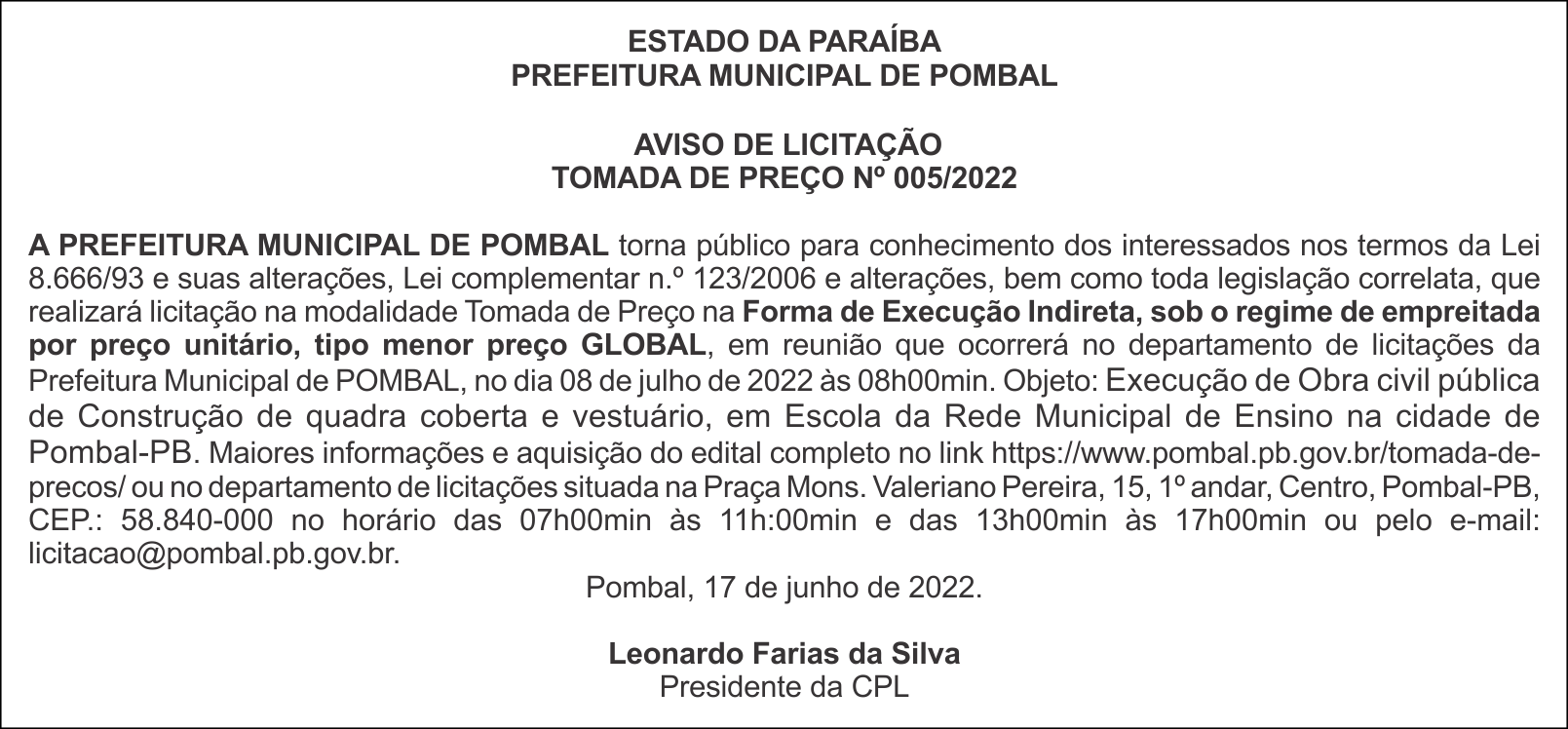 PREFEITURA MUNICIPAL DE POMBAL – AVISO DE LICITAÇÃO – TOMADA DE PREÇO Nº 005/2022