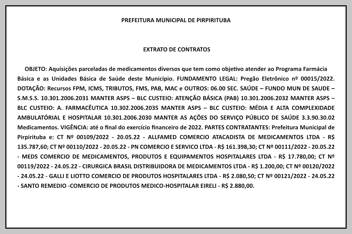 PREFEITURA MUNICIPAL DE PIRPIRITUBA – EXTRATO DE CONTRATOS