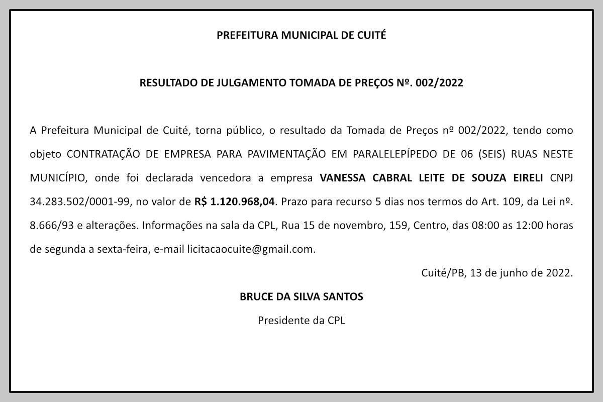 PREFEITURA MUNICIPAL DE CUITÉ – RESULTADO DE JULGAMENTO – TOMADA DE PREÇOS Nº. 002/2022