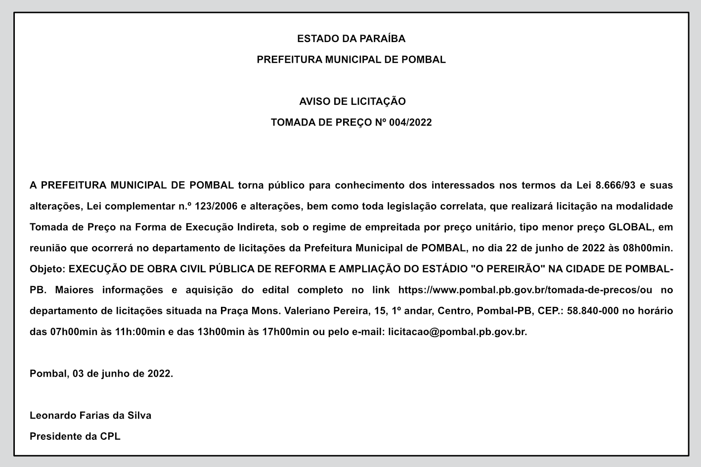 PREFEITURA MUNICIPAL DE POMBAL – AVISO DE LICITAÇÃO – TOMADA DE PREÇO Nº 004/2022