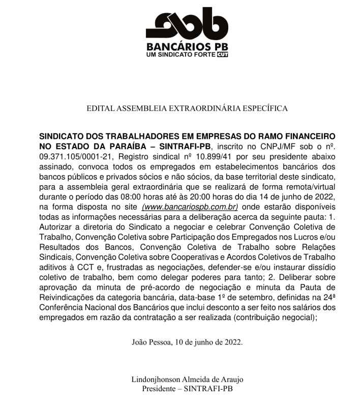 SINTRAFI-PB – EDITAL ASSEMBLEIA EXTRAORDINÁRIA ESPECÍFICA