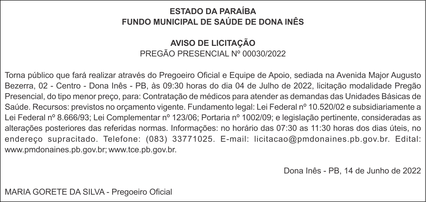FUNDO MUNICIPAL DE SAÚDE DE DONA INÊS – AVISO DE LICITAÇÃO – PREGÃO PRESENCIAL Nº 00030/2022