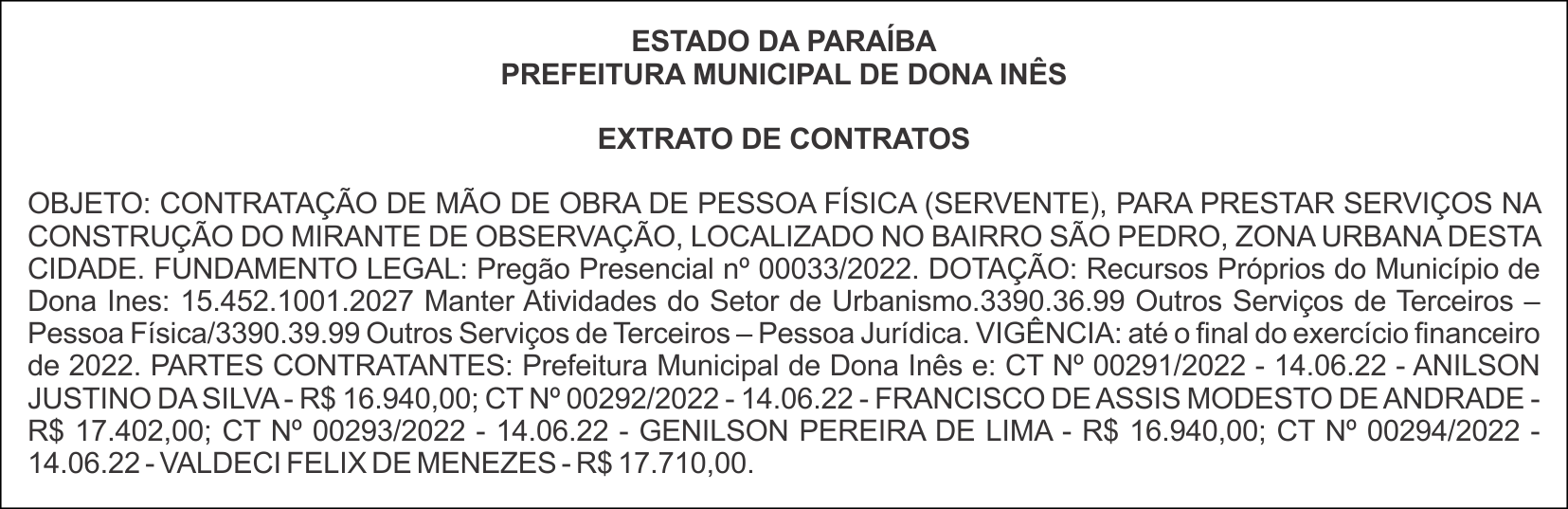 PREFEITURA MUNICIPAL DE DONA INÊS – EXTRATO DE CONTRATOS