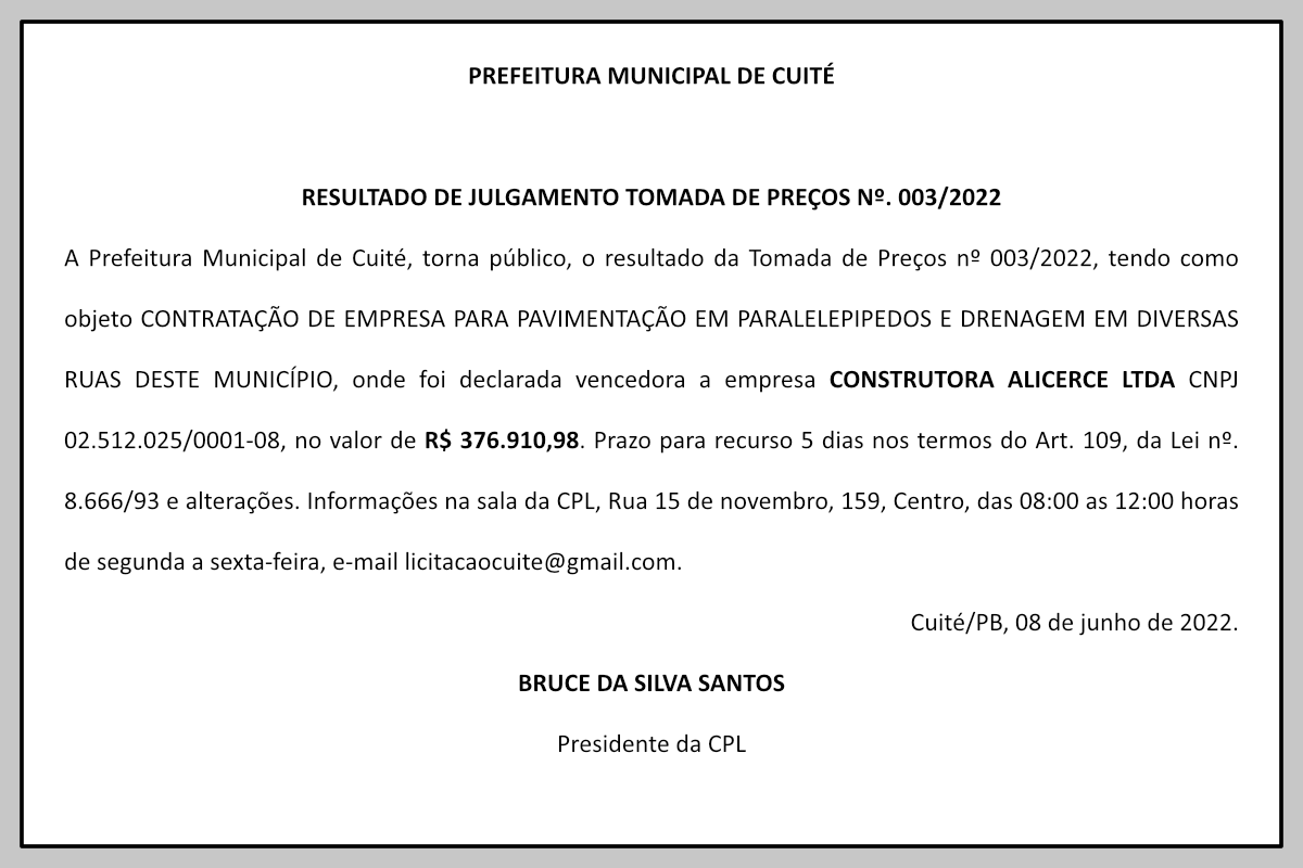 PREFEITURA MUNICIPAL DE CUITÉ  – RESULTADO DE JULGAMENTO TOMADA DE PREÇOS Nº. 003/2022