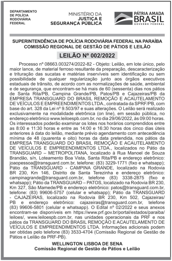 SRPRF – PB – 14° SR – JOÃO PESSOA – LEILÃO Nº 02/2022