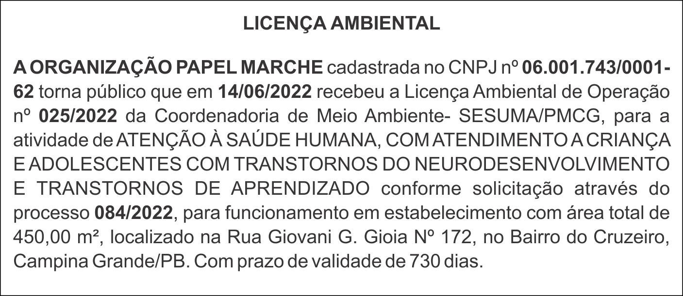 ORGANIZAÇÃO PAPEL MARCHE – LICENÇA AMBIENTAL