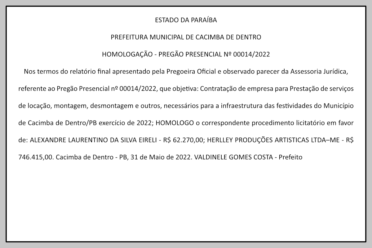 PREFEITURA MUNICIPAL DE CACIMBA DE DENTRO – HOMOLOGAÇÃO – PREGÃO PRESENCIAL Nº 00014/2022