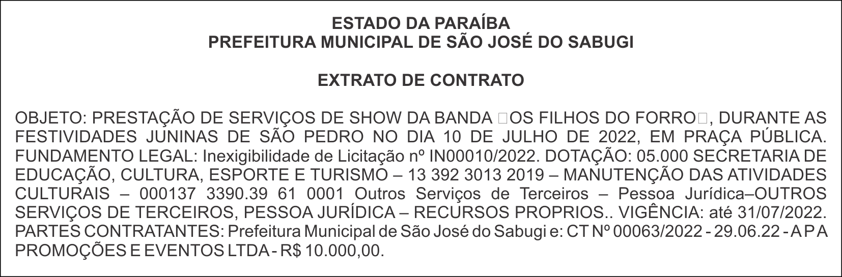 PREFEITURA MUNICIPAL DE SÃO JOSÉ DO SABUGI – EXTRATO DE CONTRATO