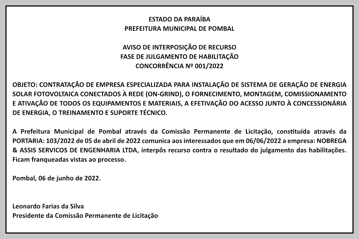 PREFEITURA MUNICIPAL DE POMBAL – AVISO DE INTERPOSIÇÃO DE RECURSO – FASE DE JULGAMENTO DE HABILITAÇÃO – CONCORRÊNCIA Nº 001/2022
