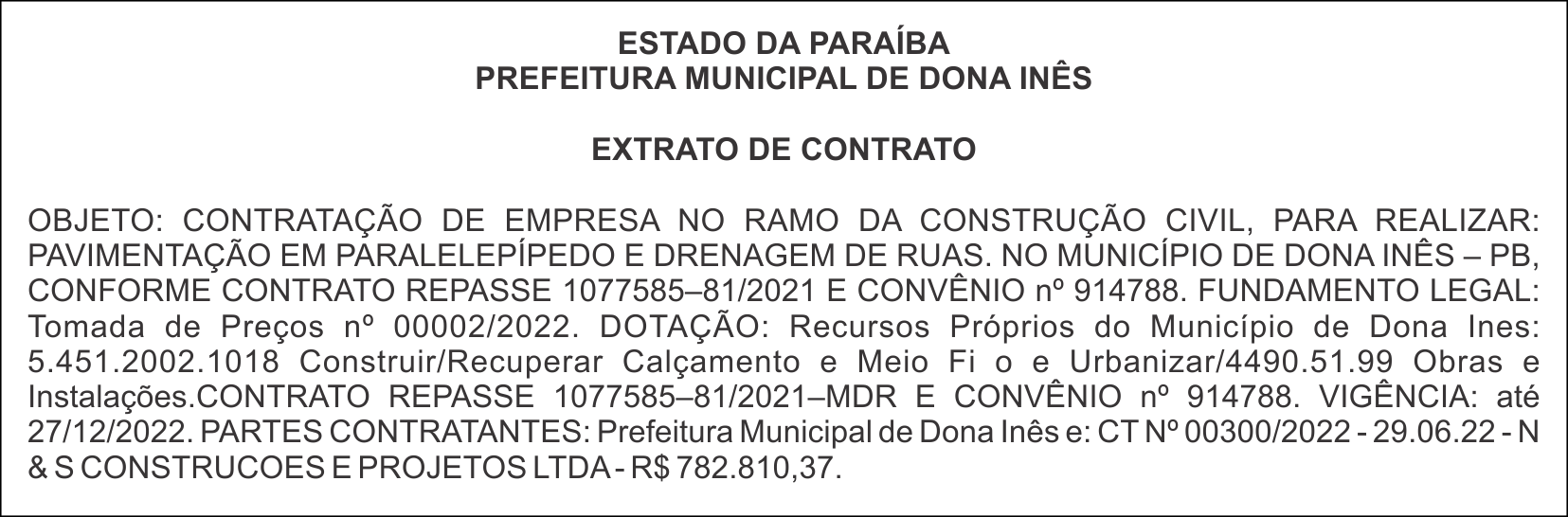 PREFEITURA MUNICIPAL DE DONA INÊS – EXTRATO DE CONTRATO
