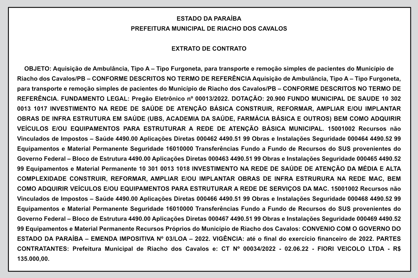 PREFEITURA MUNICIPAL DE RIACHO DOS CAVALOS – EXTRATO DE CONTRATO
