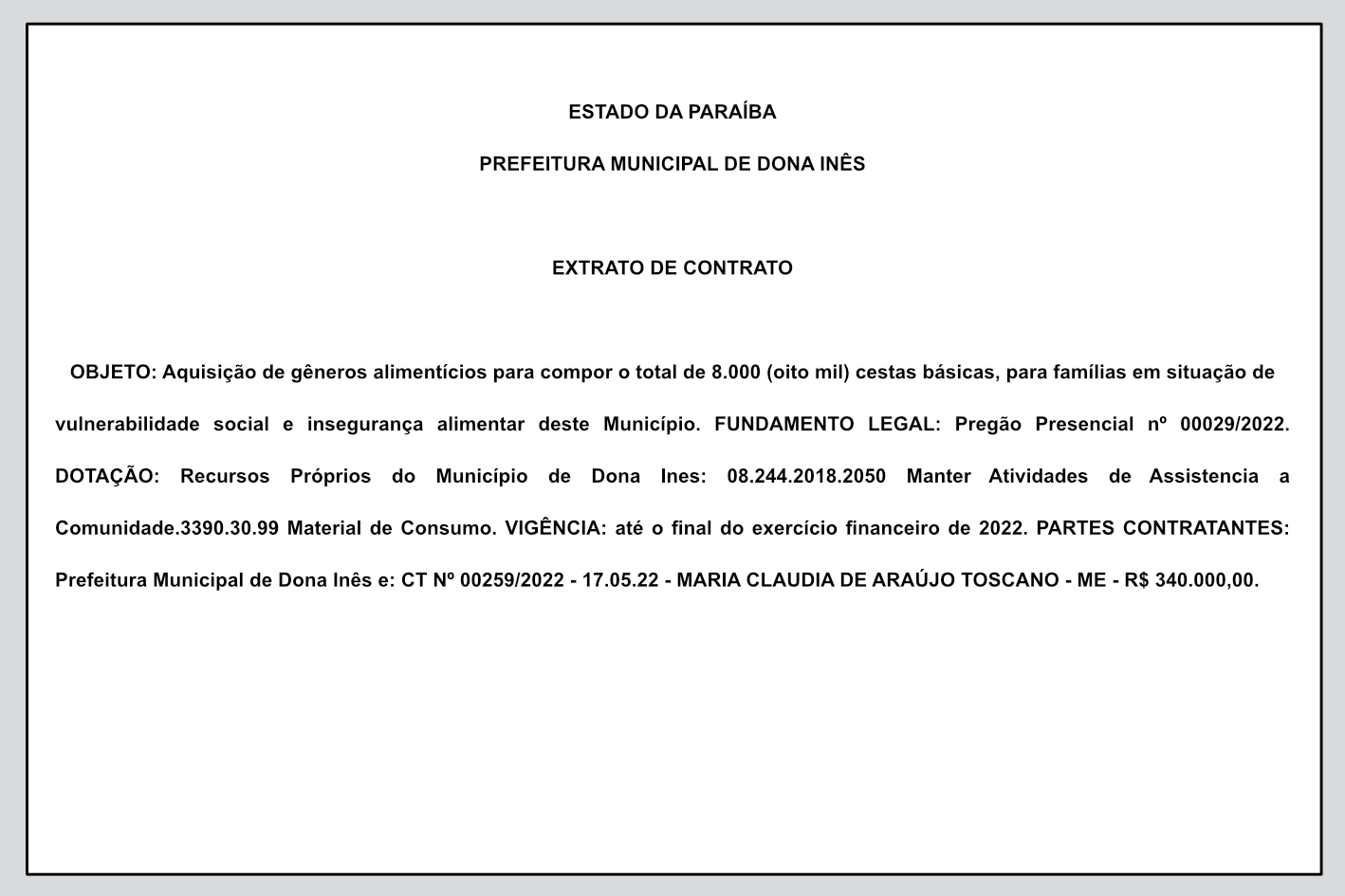 PREFEITURA MUNICIPAL DE DONA INÊS – EXTRATO DE CONTRATO