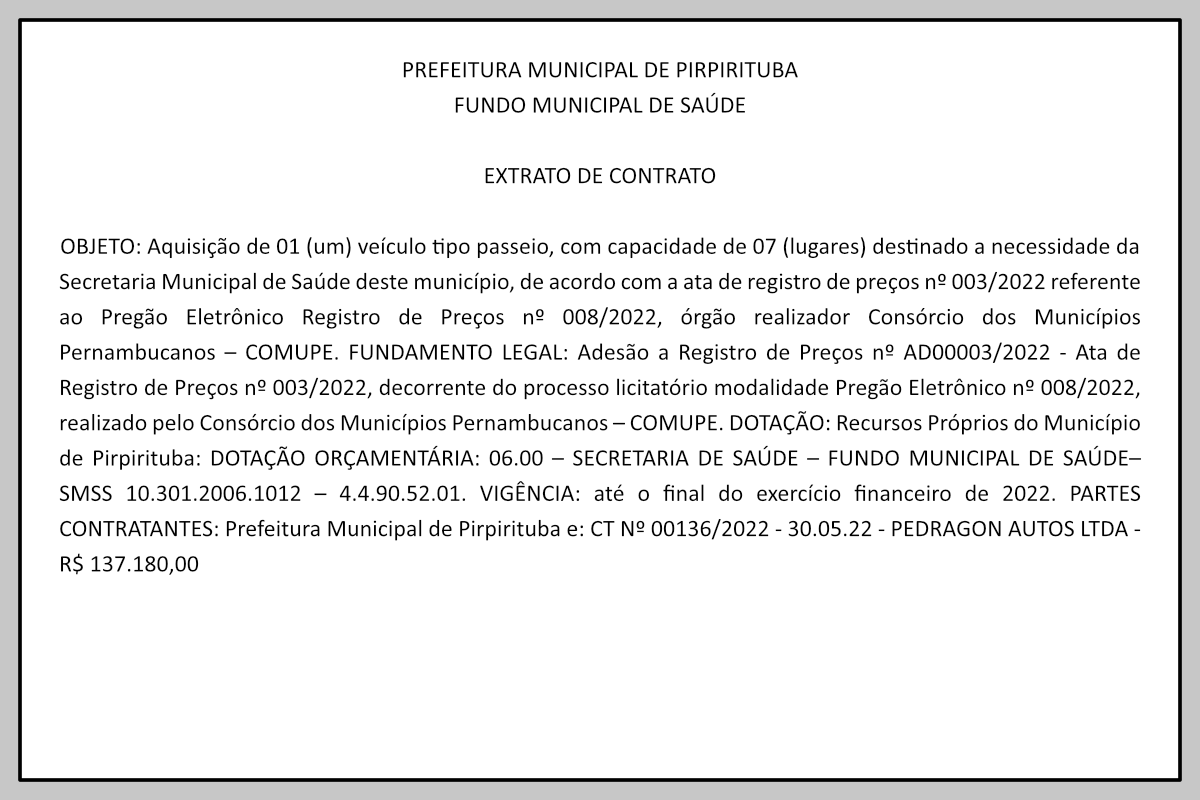 PREFEITURA MUNICIPAL DE PIRPIRITUBA – FUNDO MUNICIPAL DE SAÚDE -EXTRATO DE CONTRATO