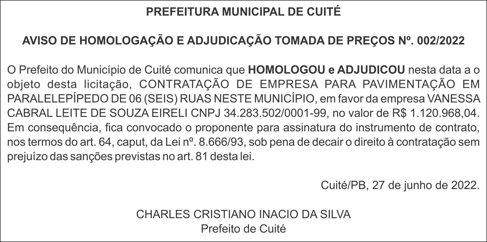 PREFEITURA MUNICIPAL DE CUITÉ – AVISO DE HOMOLOGAÇÃO E ADJUDICAÇÃO – TOMADA DE PREÇOS Nº. 002/2022
