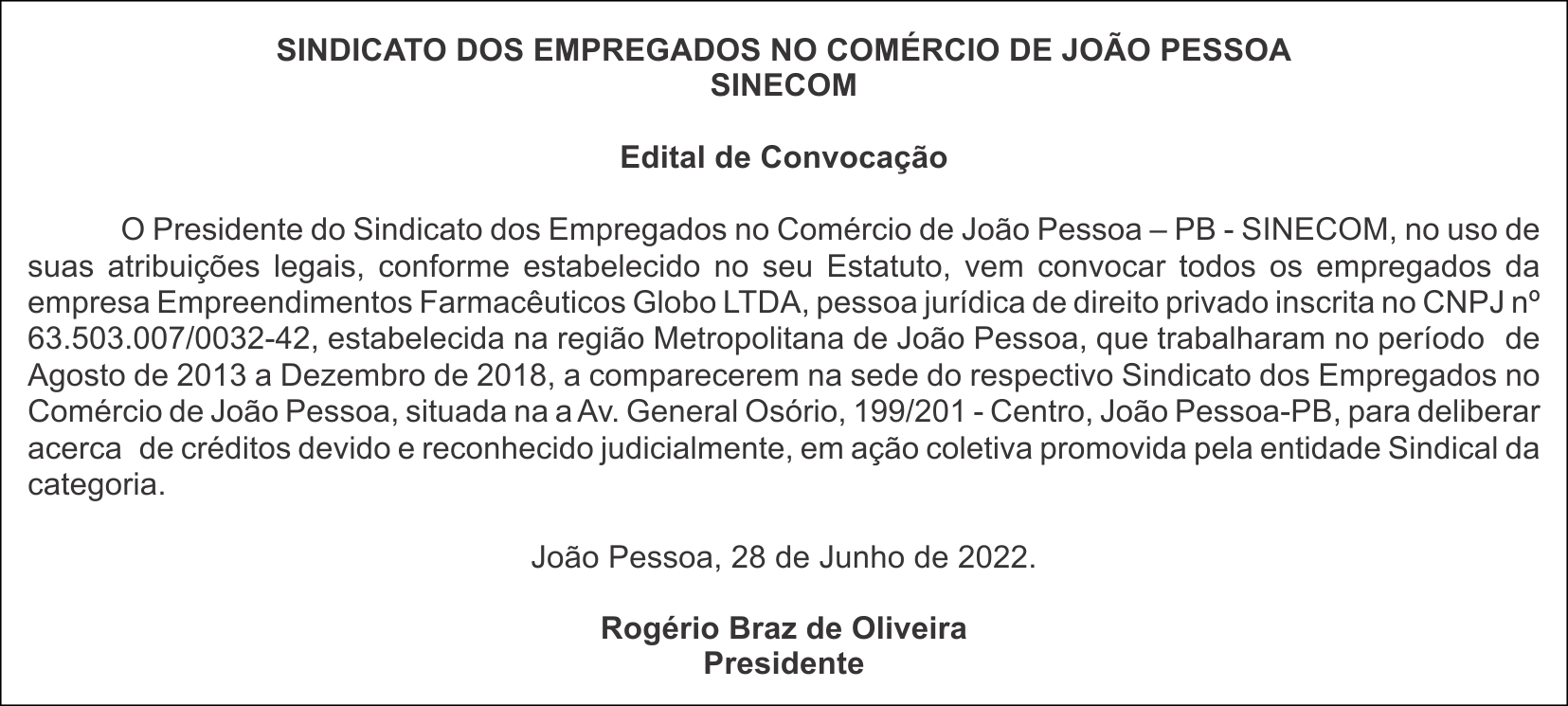 SINDICATO DOS EMPREGADOS NO COMÉRCIO DE JOÃO PESSOA – SINECOM – Edital de Convocação