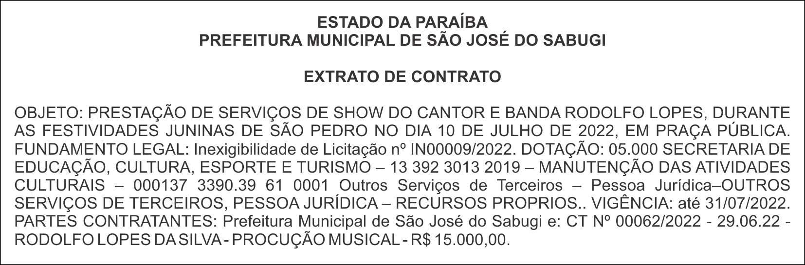 PREFEITURA MUNICIPAL DE SÃO JOSÉ DO SABUGI – EXTRATO DE CONTRATO