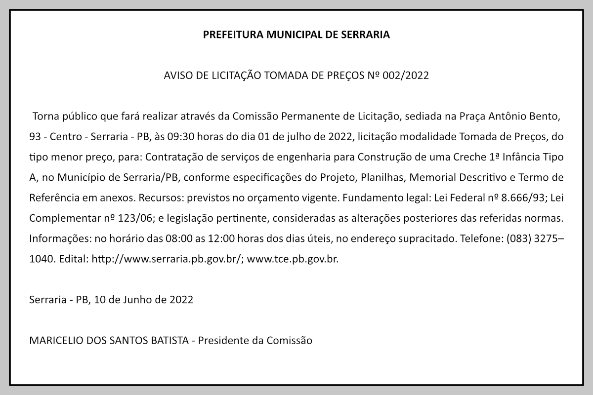 PREFEITURA MUNICIPAL DE SERRARIA  – AVISO DE LICITAÇÃO – TOMADA DE PREÇOS Nº 002/2022