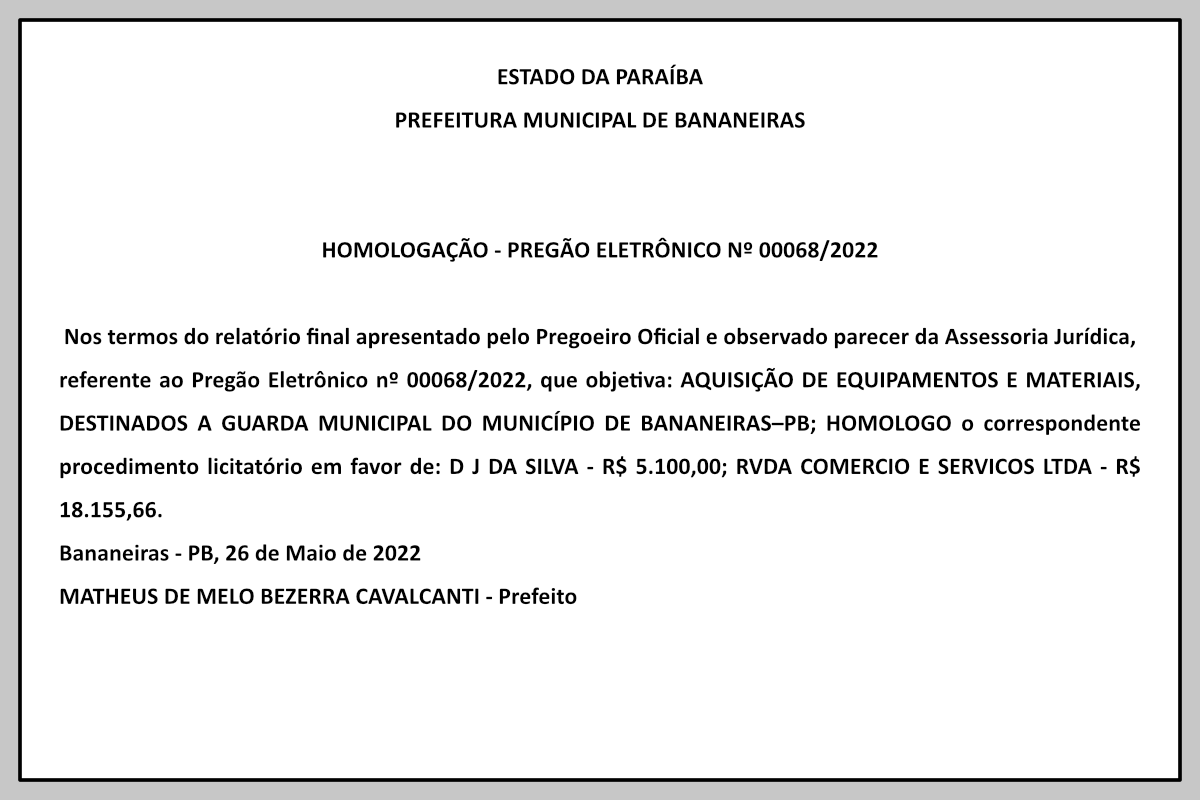 PREFEITURA MUNICIPAL DE BANANEIRAS  – HOMOLOGAÇÃO – PREGÃO ELETRÔNICO Nº 00068/2022