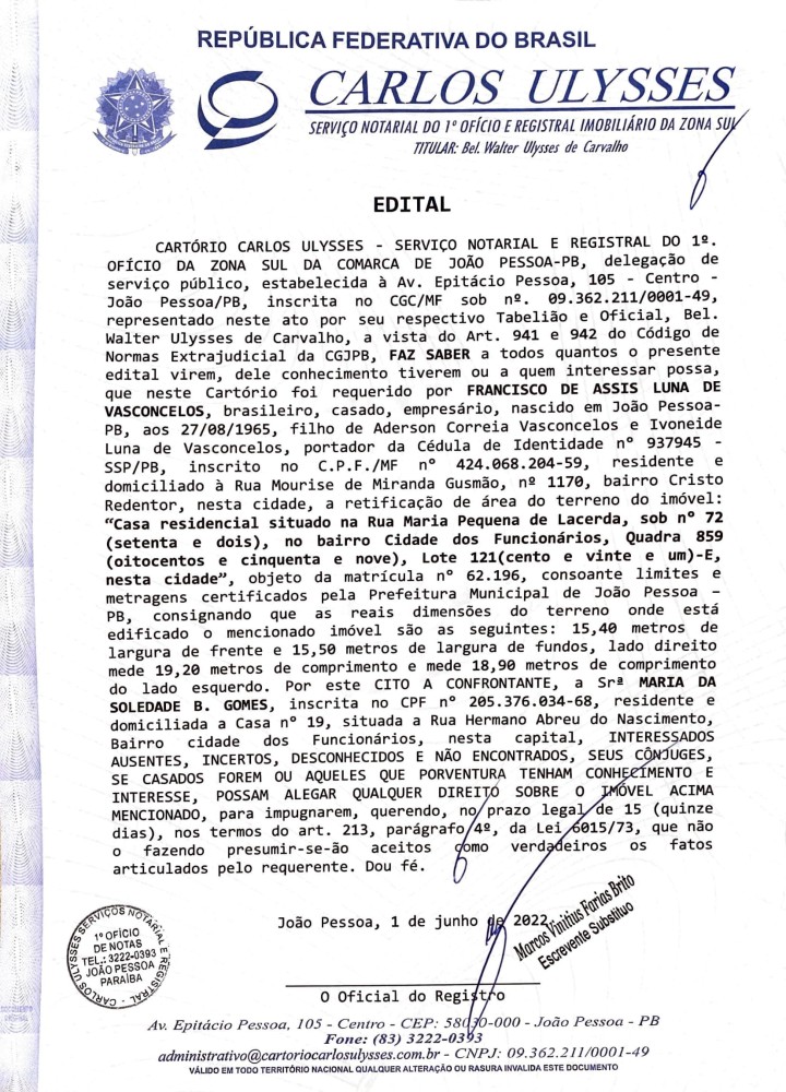Edital de Retificação de Área de Terreno