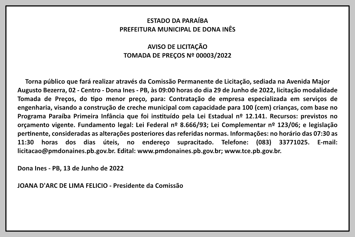 PREFEITURA MUNICIPAL DE DONA INÊS – AVISO DE LICITAÇÃO – TOMADA DE PREÇOS Nº 00003/2022