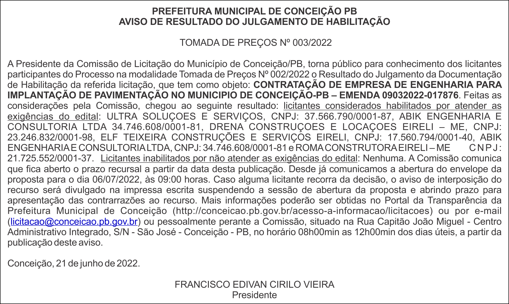 PREFEITURA MUNICIPAL DE CONCEIÇÃO – AVISO DE RESULTADO DO JULGAMENTO DE HABILITAÇÃO – TOMADA DE PREÇOS Nº 003/2022