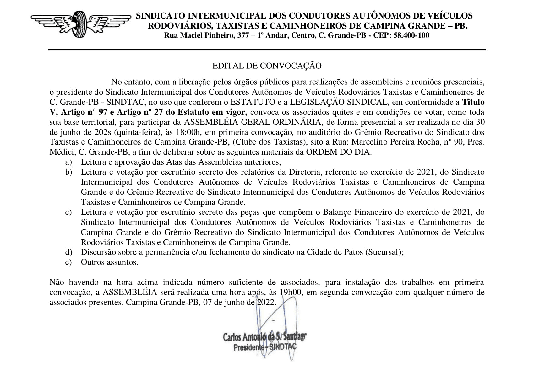 SINDTAC – EDITAL DE CONVOCAÇÃO