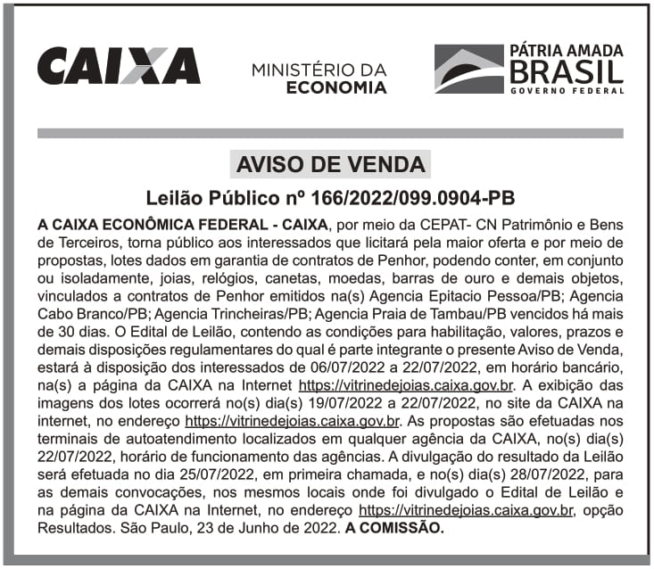 CAIXA ECONÔMICA FEDERAL – DF – BRASILIA – AVISO DE VENDA – LEILÃO PÚBLICO Nº 166/2022/099.0904-PB