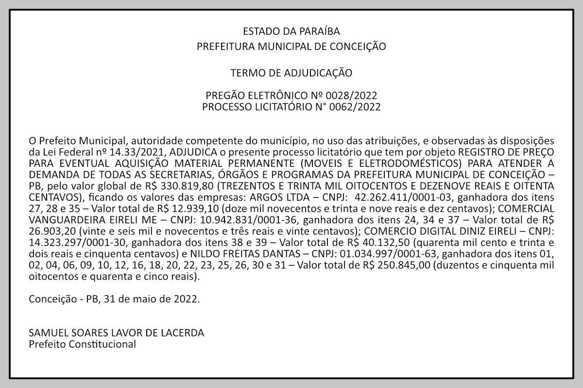 PREFEITURA MUNICIPAL DE CONCEIÇÃO  – TERMO DE ADJUDICAÇÃO – PREGÃO ELETRÔNICO Nº 0028/2022 – PROCESSO LICITATÓRIO N° 0062/2022