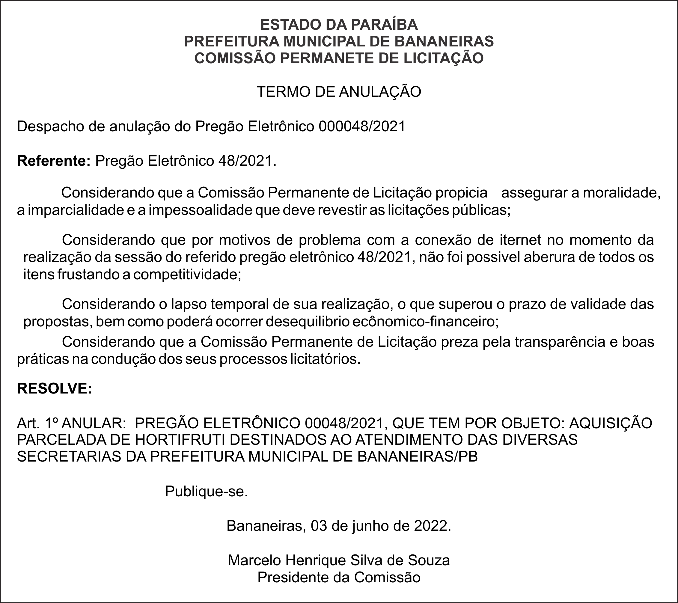 PREFEITURA MUNICIPAL DE BANANEIRAS -TERMO DE ANULAÇÃO – PREGÃO ELETRÔNICO 000048/2021